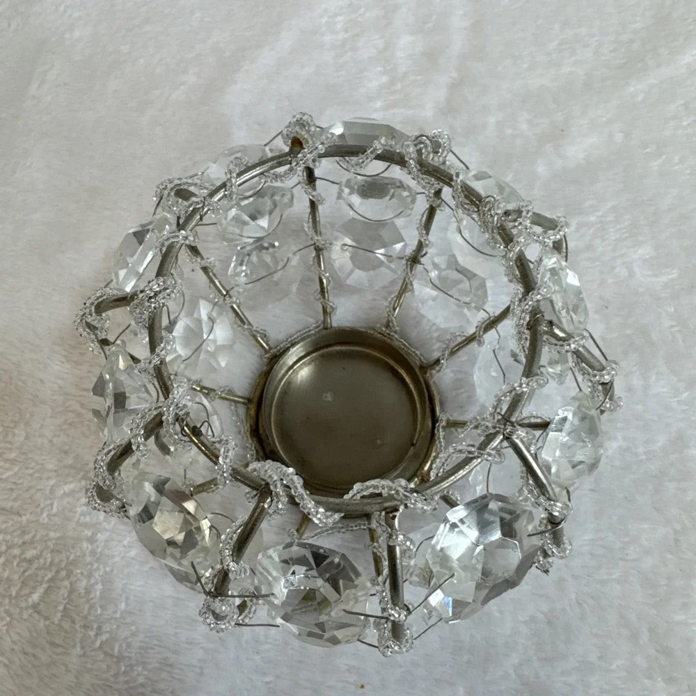 Vintage‎ Beaded Crystal Prism Votive Candle Holder Silver Tone